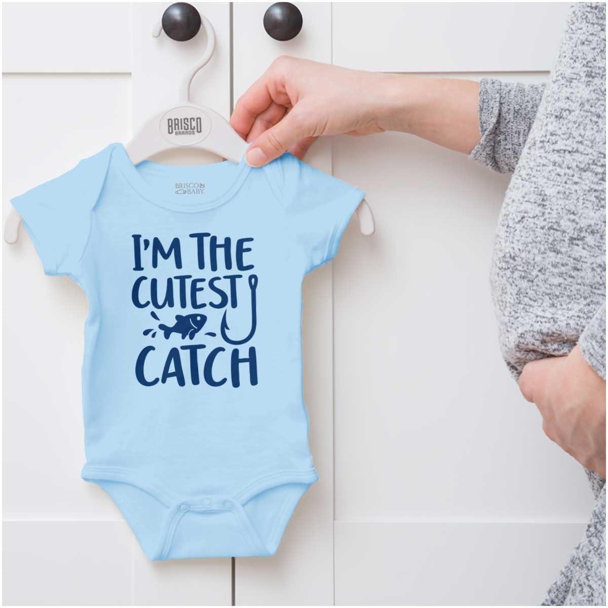 imageBrisco Brands Crawl Walk Fish Hunt Outdoor Lover Baby Romper Boys or GirlsCutest Catch Light Blue