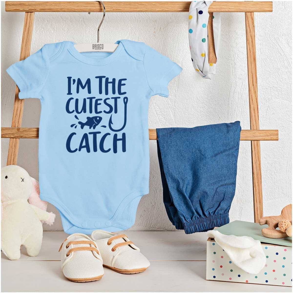 imageBrisco Brands Crawl Walk Fish Hunt Outdoor Lover Baby Romper Boys or GirlsCutest Catch Light Blue