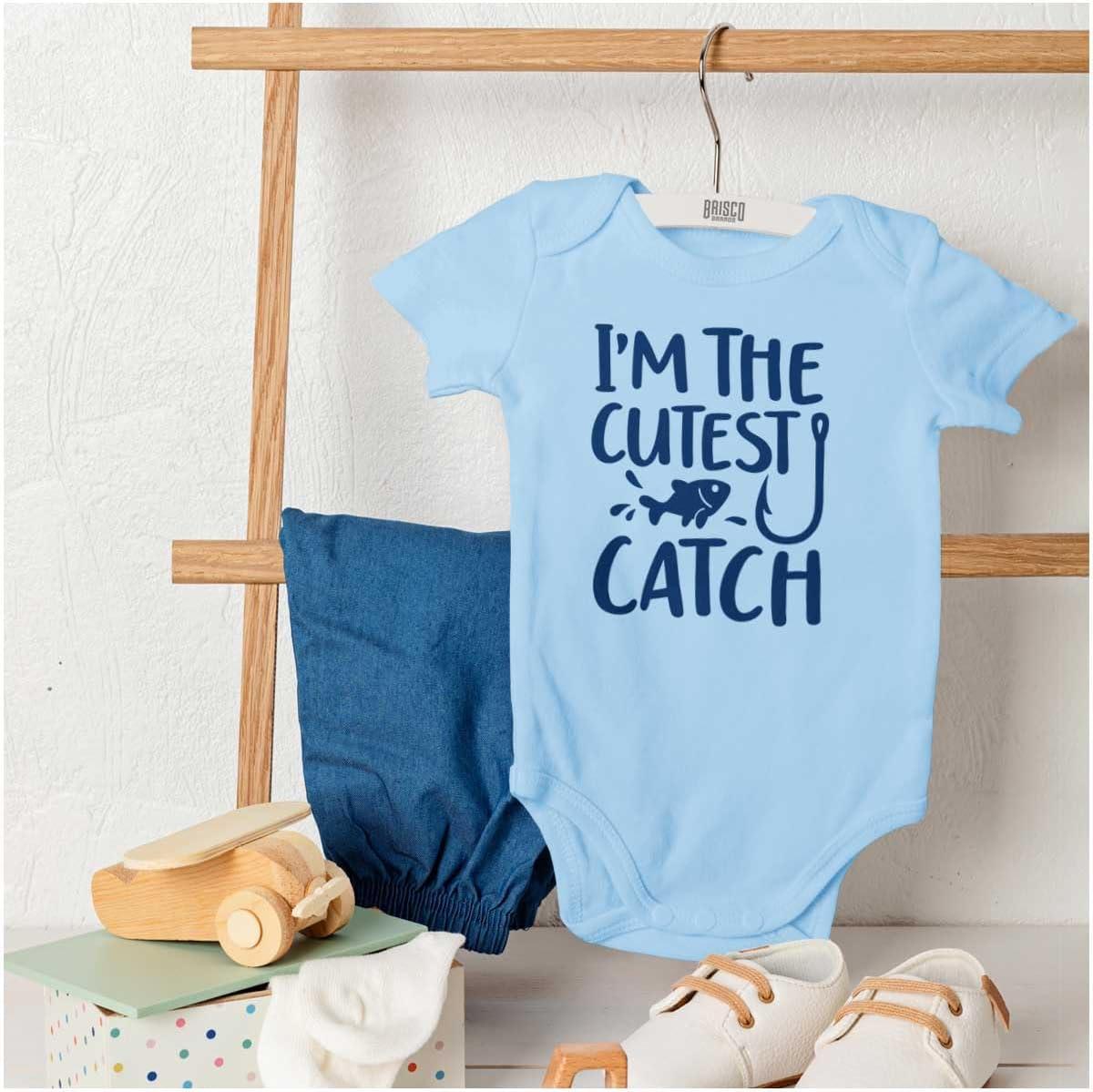 imageBrisco Brands Crawl Walk Fish Hunt Outdoor Lover Baby Romper Boys or GirlsCutest Catch Light Blue