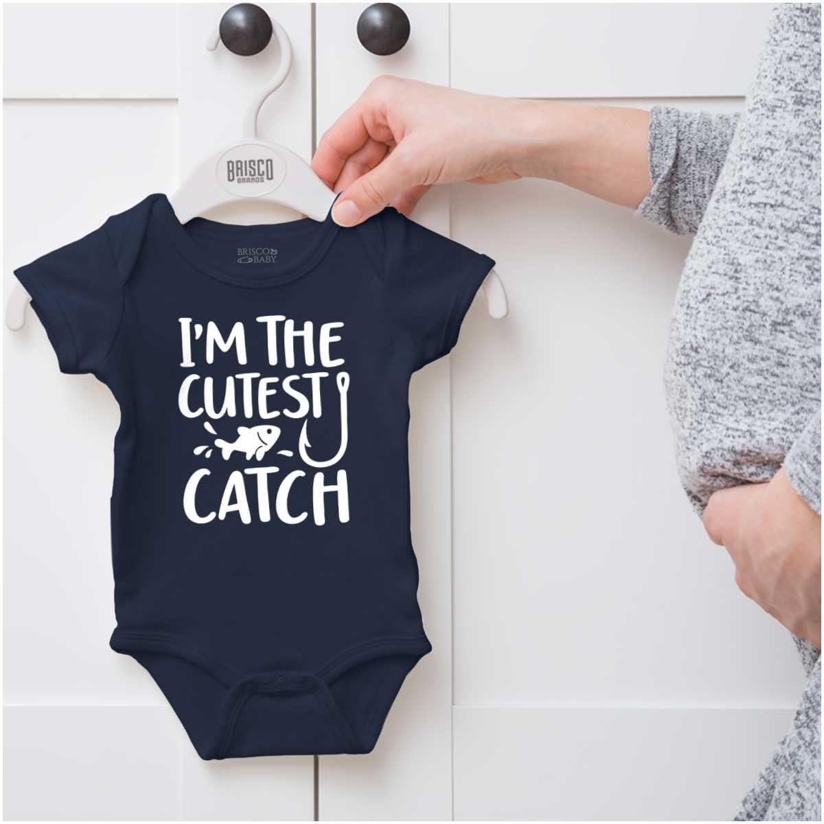 imageBrisco Brands Crawl Walk Fish Hunt Outdoor Lover Baby Romper Boys or GirlsCutest Catch Navy