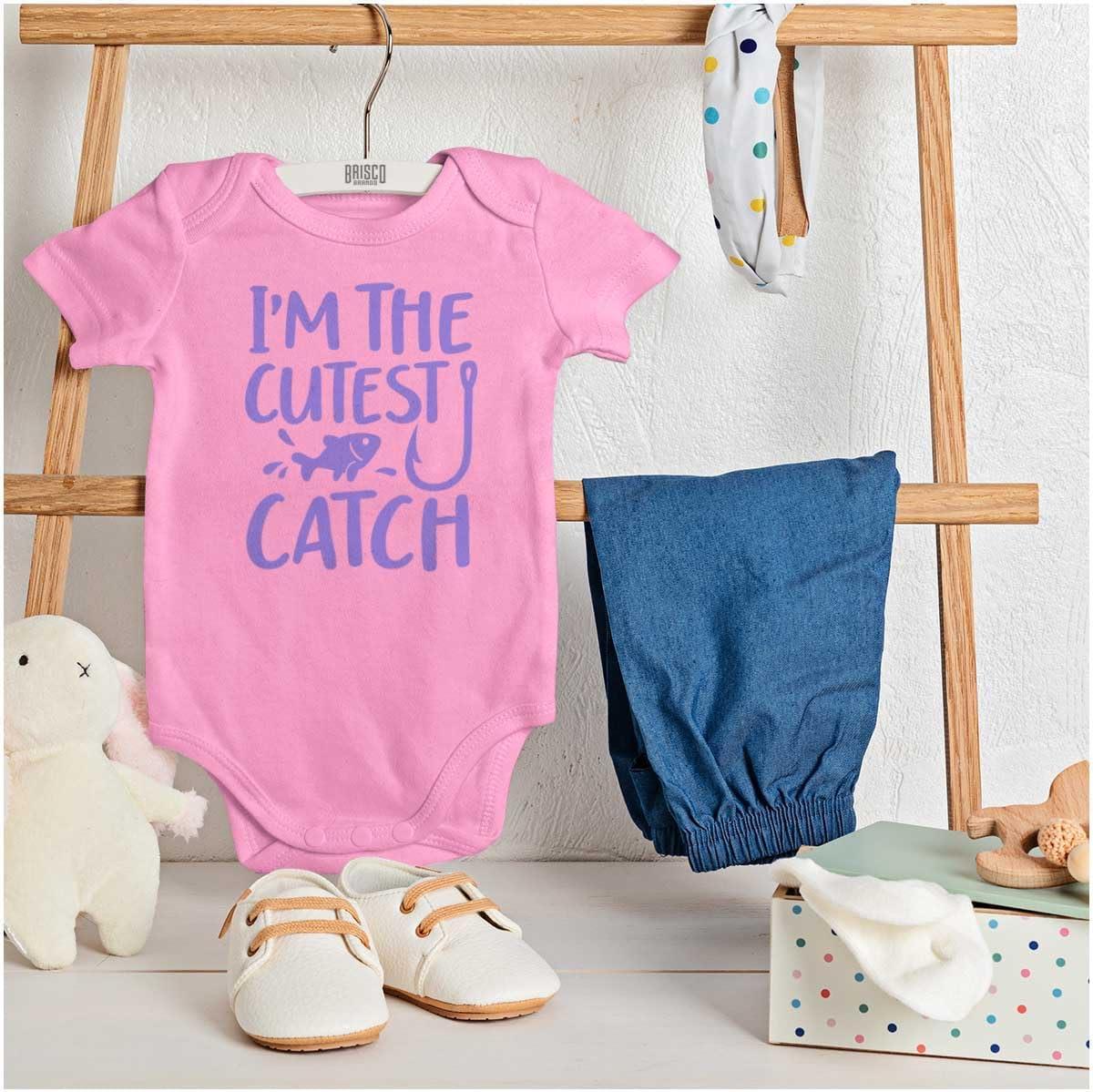 imageBrisco Brands Crawl Walk Fish Hunt Outdoor Lover Baby Romper Boys or GirlsCutest Catch Pink