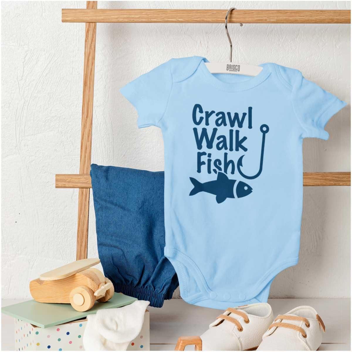 imageBrisco Brands Crawl Walk Fish Hunt Outdoor Lover Baby Romper Boys or GirlsFish Light Blue