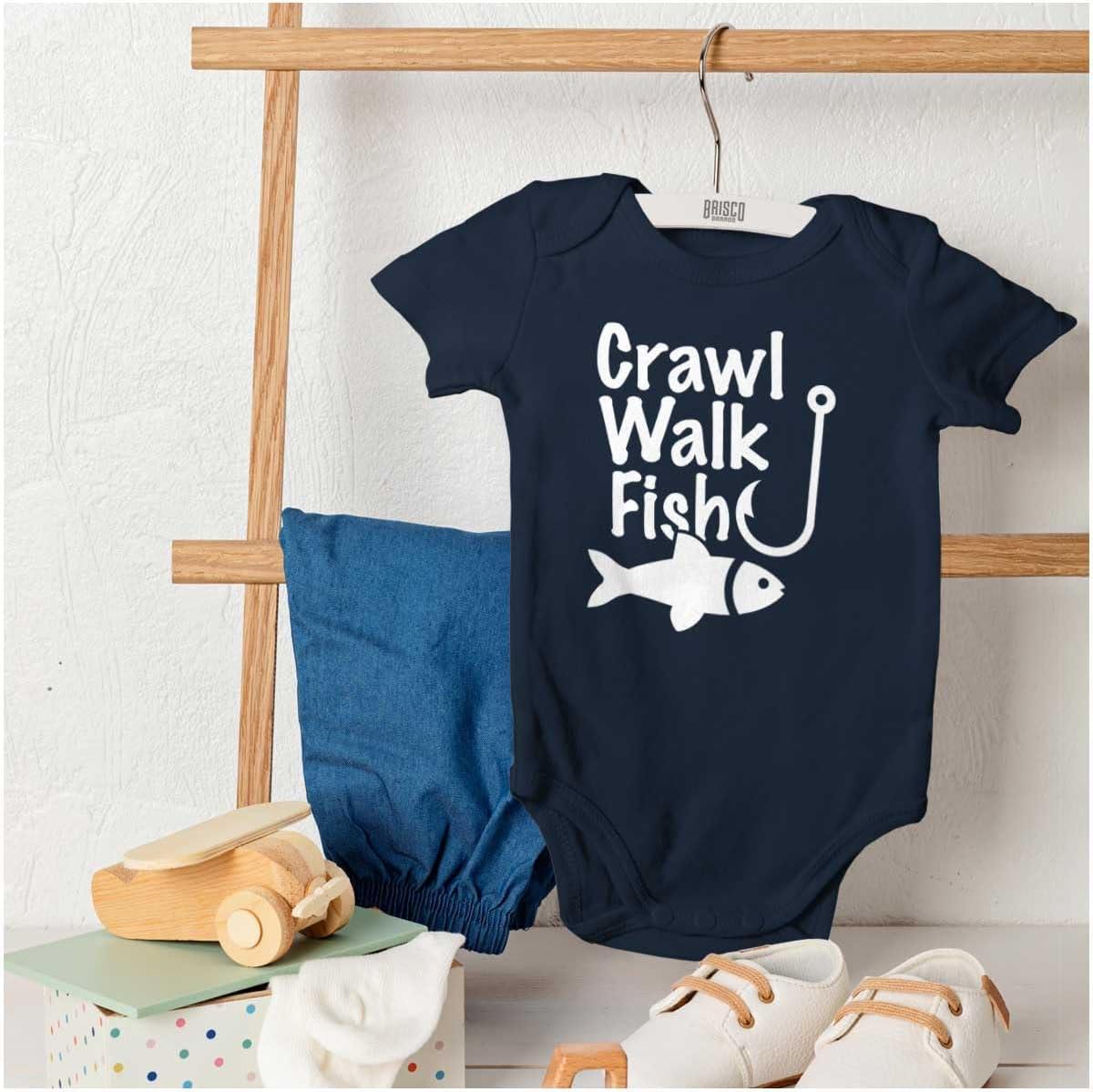 imageBrisco Brands Crawl Walk Fish Hunt Outdoor Lover Baby Romper Boys or GirlsFish Navy