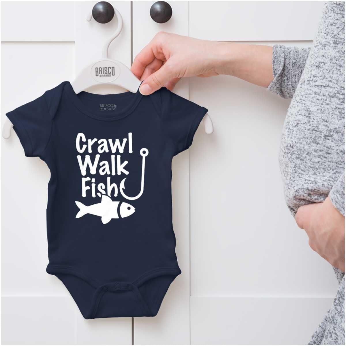 imageBrisco Brands Crawl Walk Fish Hunt Outdoor Lover Baby Romper Boys or GirlsFish Navy