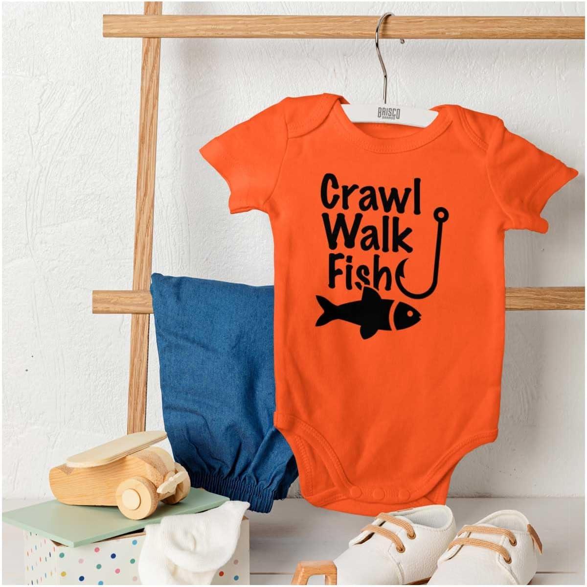 imageBrisco Brands Crawl Walk Fish Hunt Outdoor Lover Baby Romper Boys or GirlsFish Orange