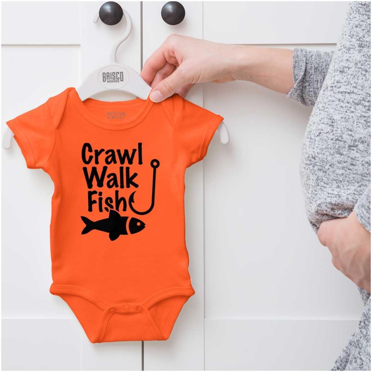 imageBrisco Brands Crawl Walk Fish Hunt Outdoor Lover Baby Romper Boys or GirlsFish Orange