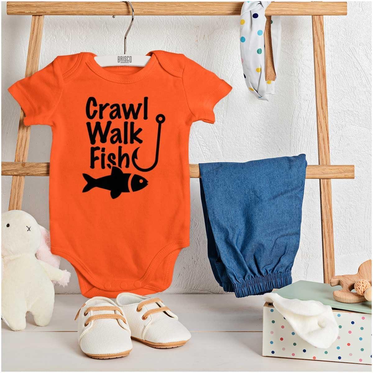 imageBrisco Brands Crawl Walk Fish Hunt Outdoor Lover Baby Romper Boys or GirlsFish Orange