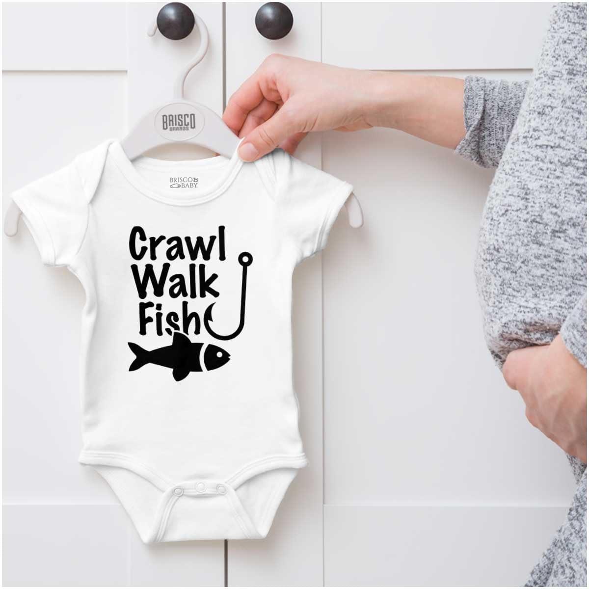 imageBrisco Brands Crawl Walk Fish Hunt Outdoor Lover Baby Romper Boys or GirlsFish White