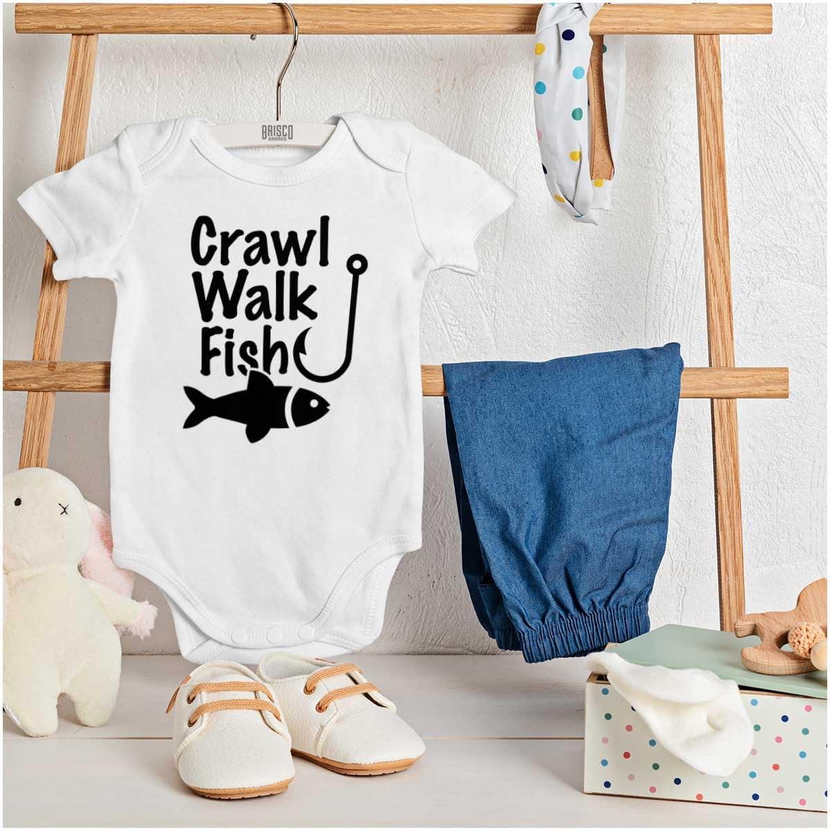 imageBrisco Brands Crawl Walk Fish Hunt Outdoor Lover Baby Romper Boys or GirlsFish White
