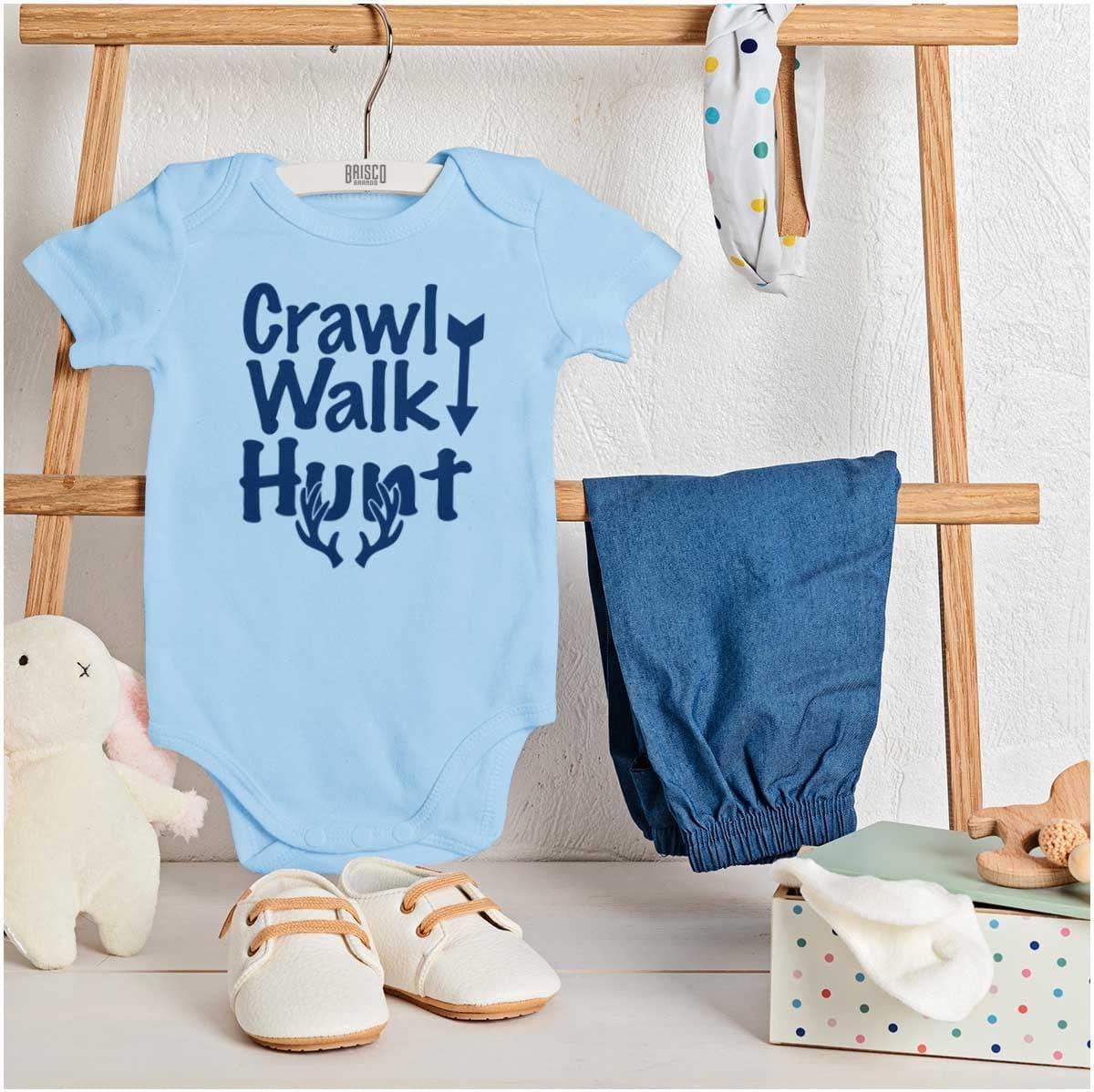 imageBrisco Brands Crawl Walk Fish Hunt Outdoor Lover Baby Romper Boys or GirlsHunt Light Blue