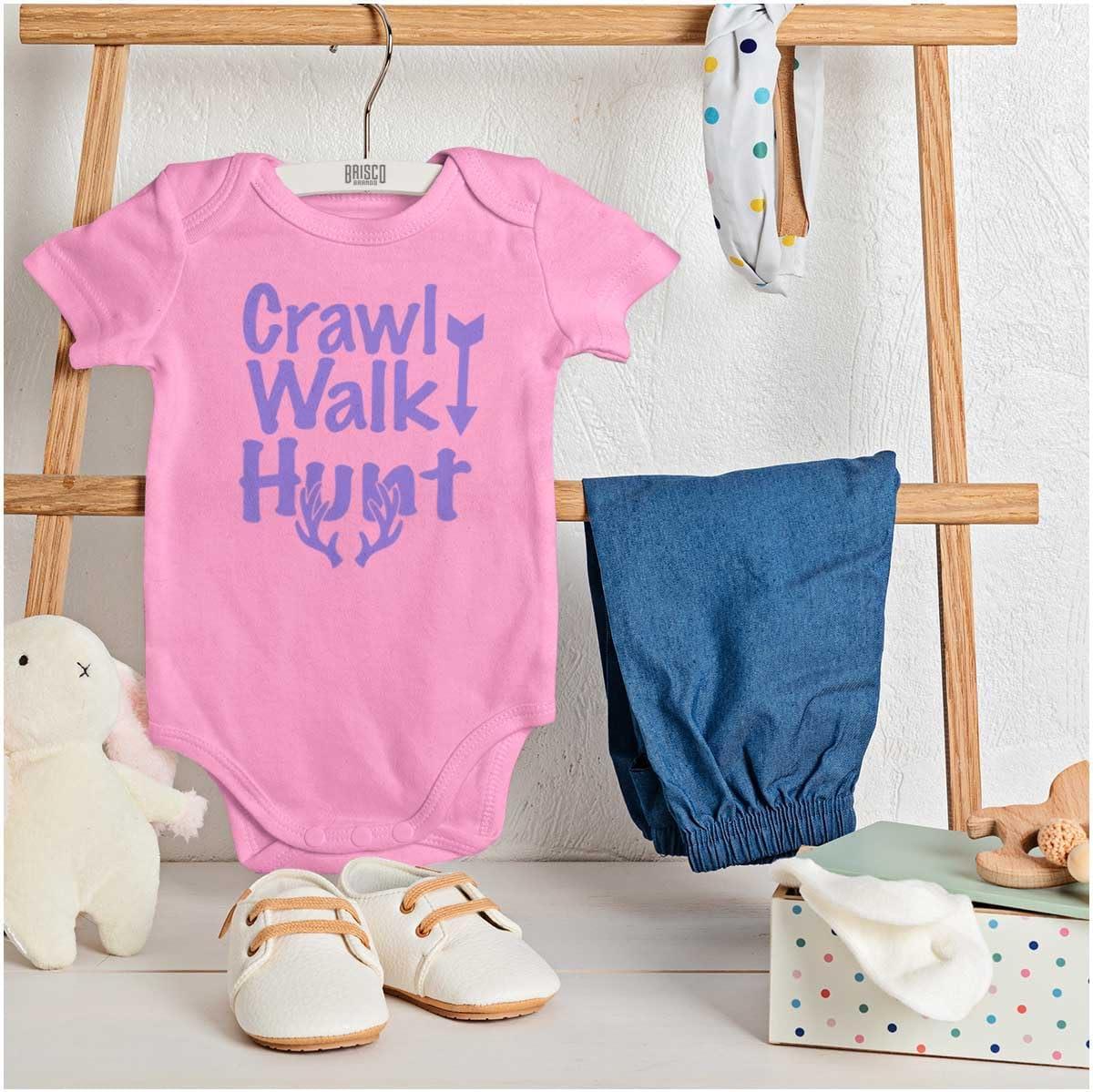 imageBrisco Brands Crawl Walk Fish Hunt Outdoor Lover Baby Romper Boys or GirlsHunt Pink