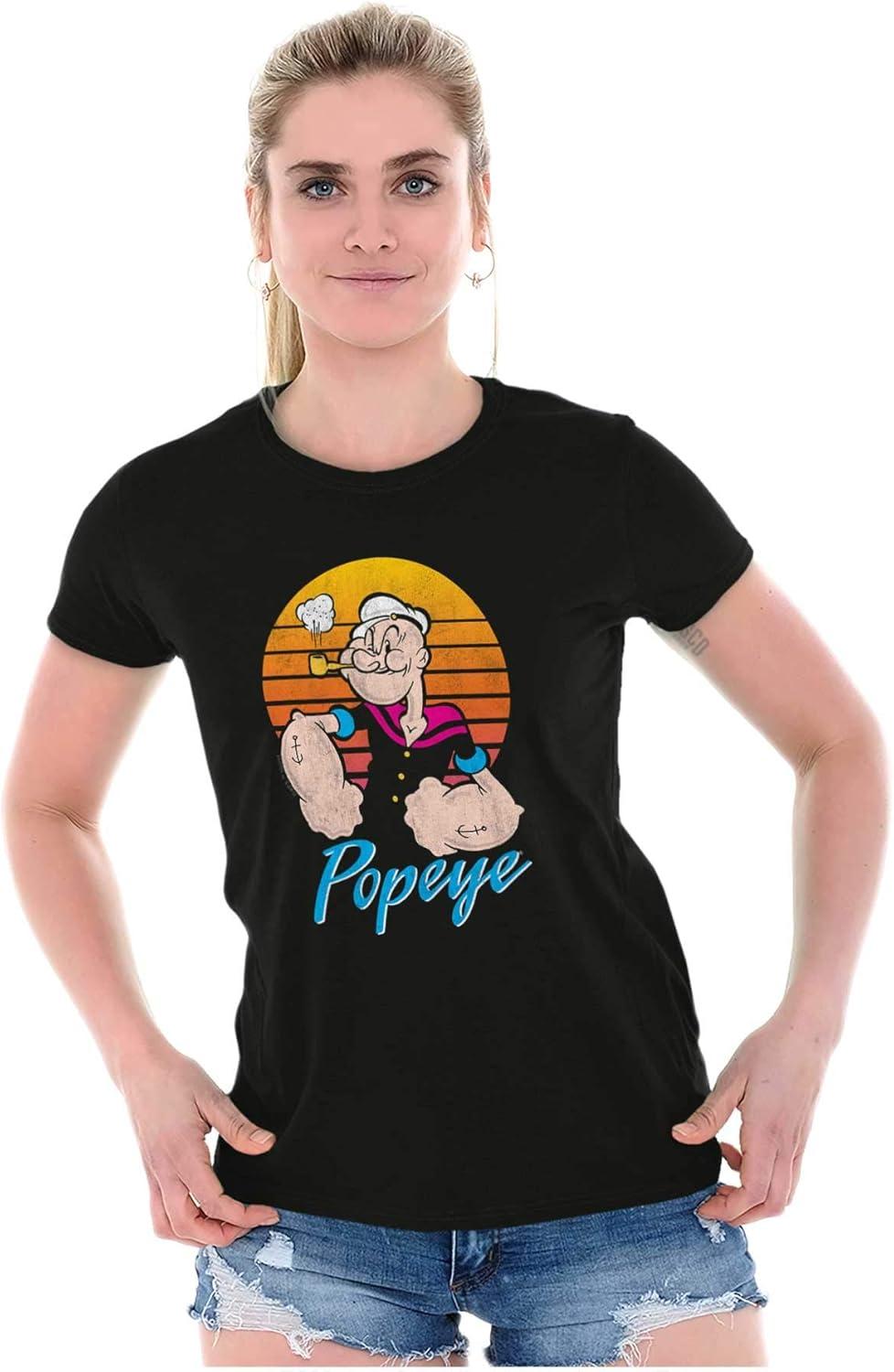 imagePopeye The Sailor Man Retro Sunset Womens Slim Fit Graphic TeeBlack
