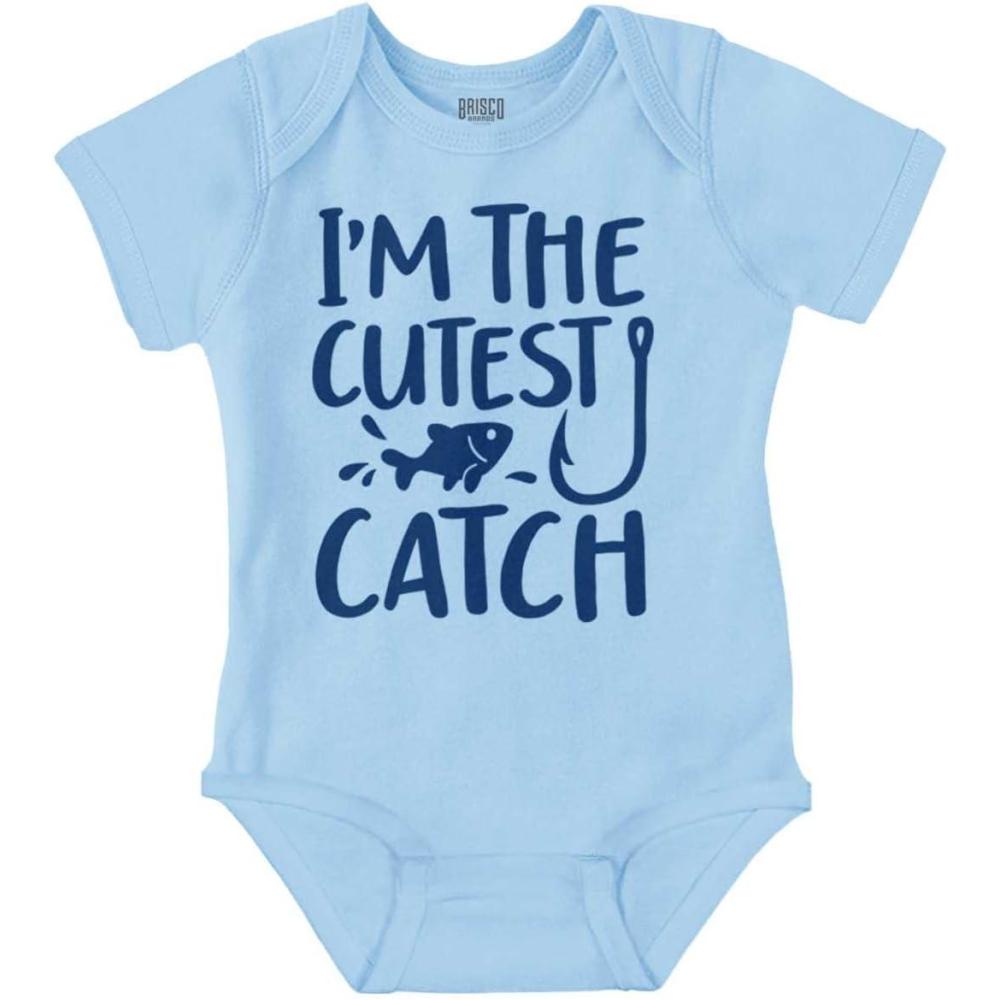 imageBrisco Brands Crawl Walk Fish Hunt Outdoor Lover Baby Romper Boys or GirlsCutest Catch Light Blue