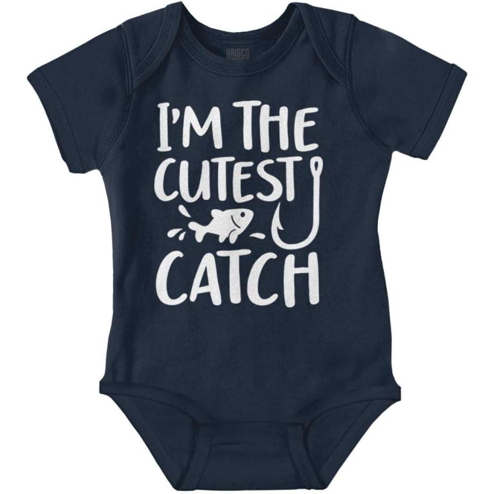 imageBrisco Brands Crawl Walk Fish Hunt Outdoor Lover Baby Romper Boys or GirlsCutest Catch Navy