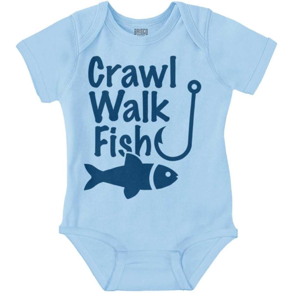 imageBrisco Brands Crawl Walk Fish Hunt Outdoor Lover Baby Romper Boys or GirlsFish  Light Blue