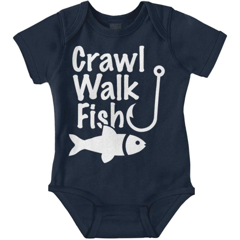 imageBrisco Brands Crawl Walk Fish Hunt Outdoor Lover Baby Romper Boys or GirlsFish Navy