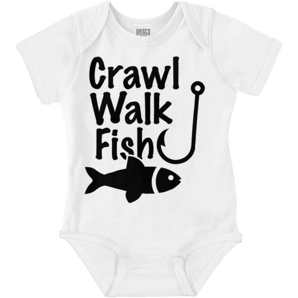 imageBrisco Brands Crawl Walk Fish Hunt Outdoor Lover Baby Romper Boys or GirlsFish White