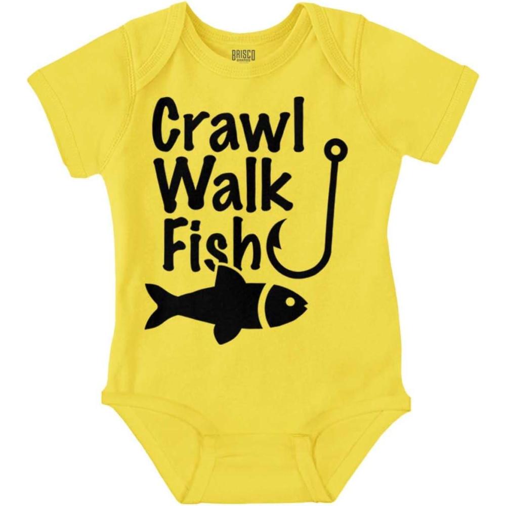 imageBrisco Brands Crawl Walk Fish Hunt Outdoor Lover Baby Romper Boys or GirlsFish  Zest