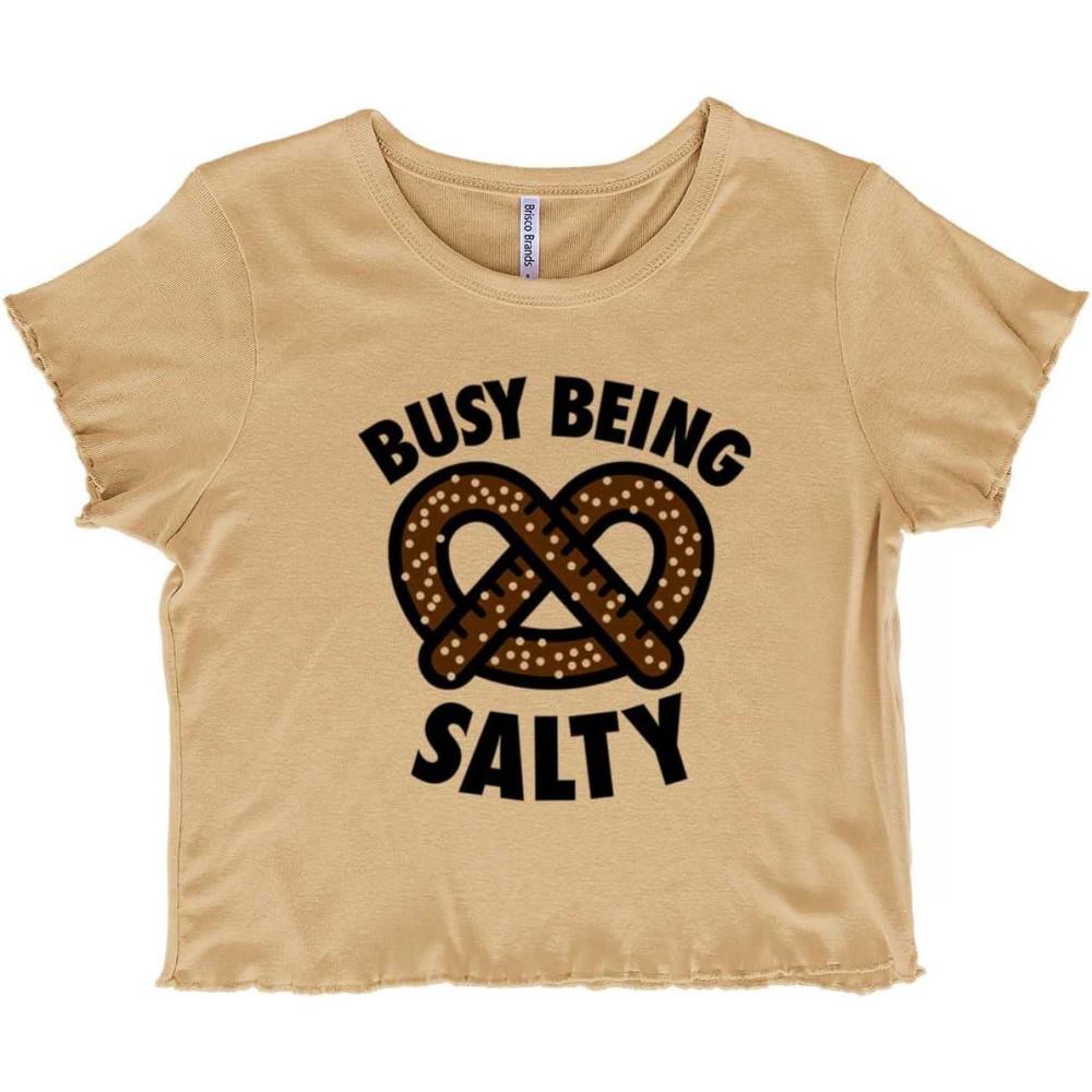imageBusy Being Salty Pretzel Food Pun Juniors Lettuce Trim Crop Top Womens Baby TeeOatmeal