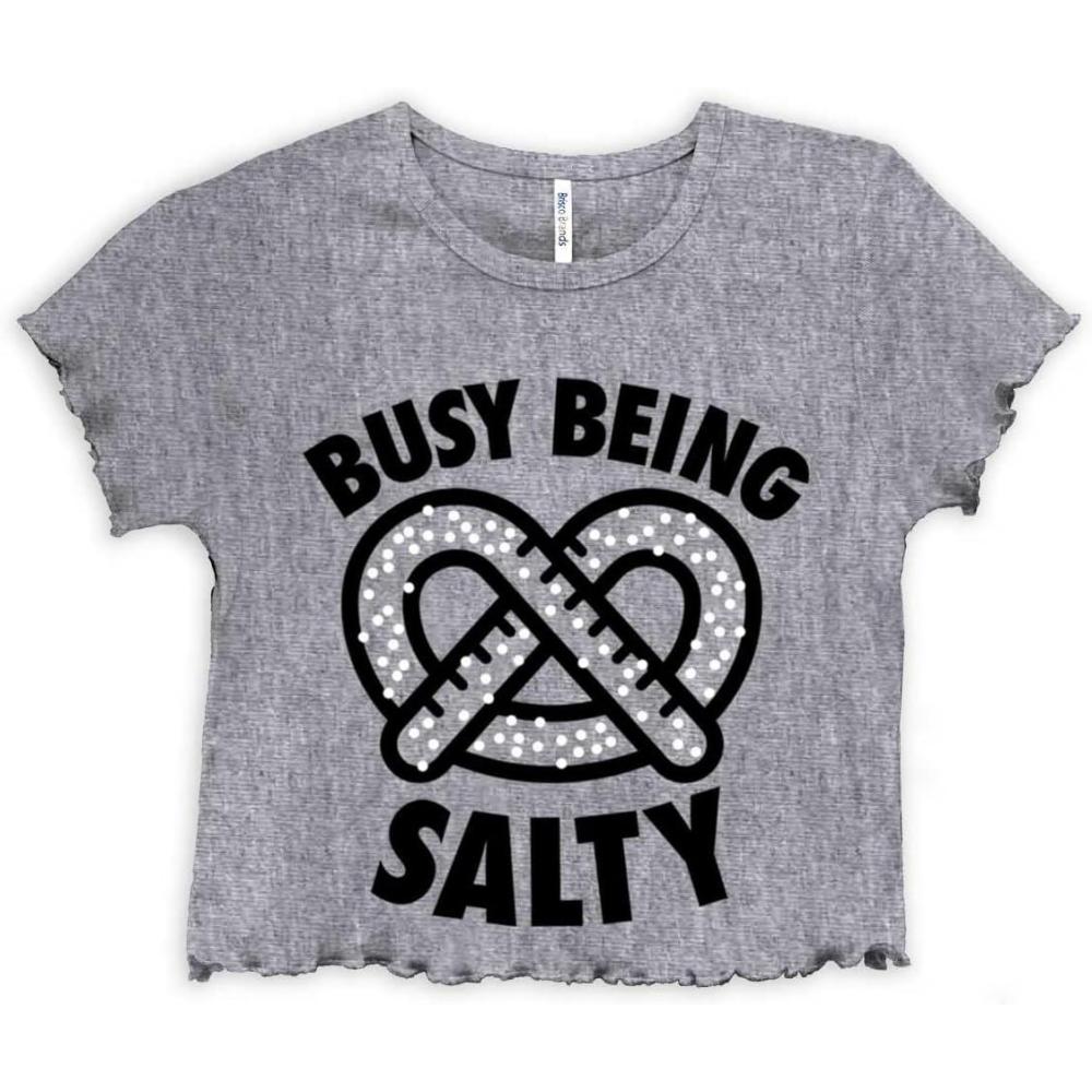 imageBusy Being Salty Pretzel Food Pun Juniors Lettuce Trim Crop Top Womens Baby TeeSport Grey