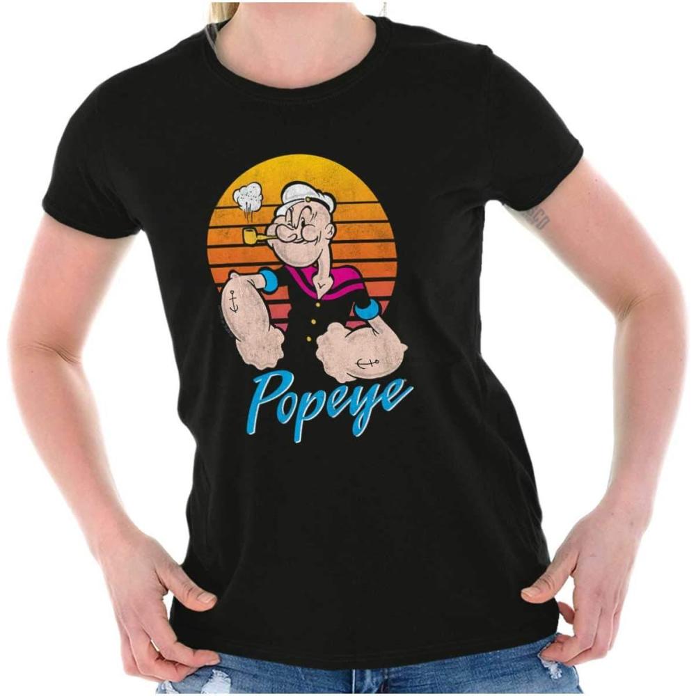 imagePopeye The Sailor Man Retro Sunset Womens Slim Fit Graphic TeeBlack