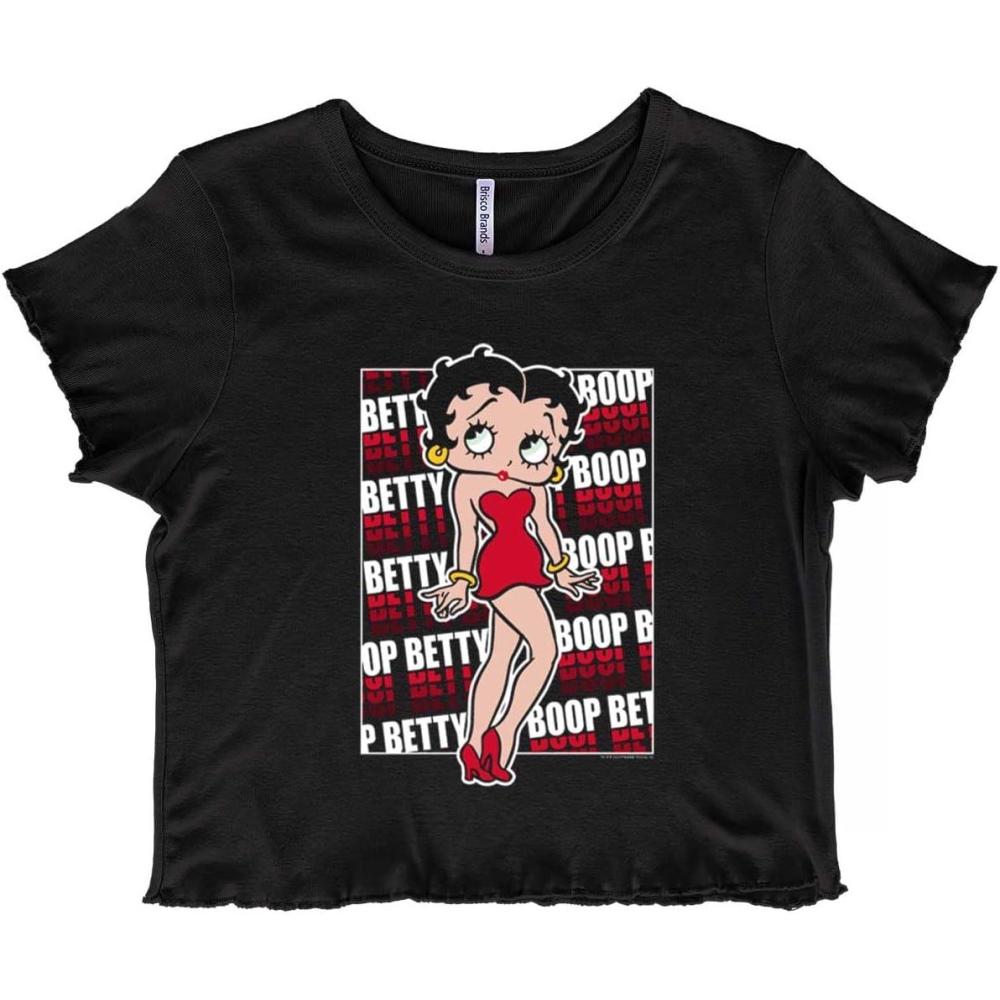 imageRetro Betty Boop Cartoon Gradient Juniors Lettuce Trim Crop Top Womens Baby TeeBlack