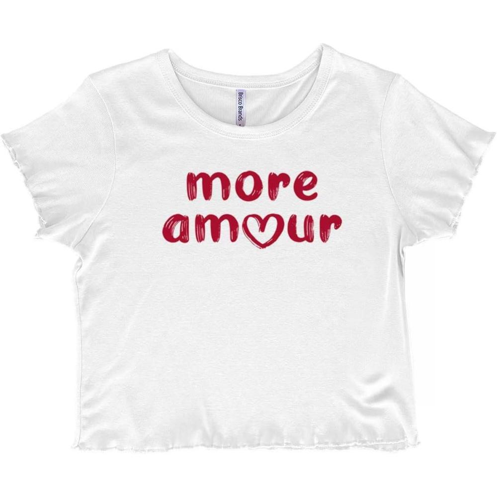 imageValentines Day More Amour Heart Juniors Lettuce Trim Crop Top Womens Baby TeeWhite