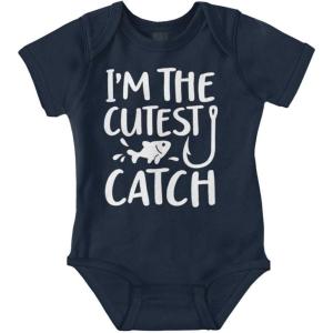 Brisco Brands Crawl Walk Fish Hunt Outdoor Lover Baby Romper Boys or Girls(Cutest Catch – Navy)