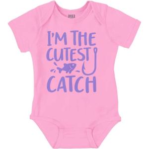 Brisco Brands Crawl Walk Fish Hunt Outdoor Lover Baby Romper Boys or Girls(Cutest Catch – Pink)