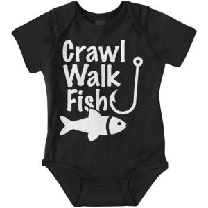 Brisco Brands Crawl Walk Fish Hunt Outdoor Lover Baby Romper Boys or Girls(Fish – Black)