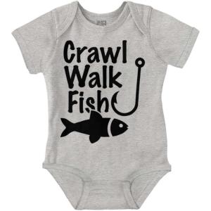 Brisco Brands Crawl Walk Fish Hunt Outdoor Lover Baby Romper Boys or Girls(Fish – Heather)