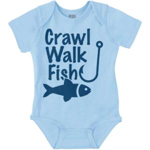 Brisco Brands Crawl Walk Fish Hunt Outdoor Lover Baby Romper Boys or Girls(Fish – Light Blue)