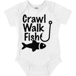 Brisco Brands Crawl Walk Fish Hunt Outdoor Lover Baby Romper Boys or Girls(Fish – White)