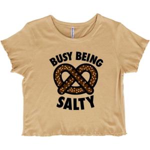 Busy Being Salty Pretzel Food Pun Juniors Lettuce Trim Crop Top Womens Baby Tee(Oatmeal)