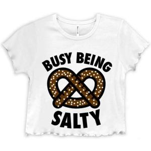 Busy Being Salty Pretzel Food Pun Juniors Lettuce Trim Crop Top Womens Baby Tee(White)