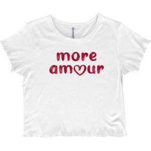 Valentine’s Day More Amour Heart Juniors Lettuce Trim Crop Top Womens Baby Tee(White)