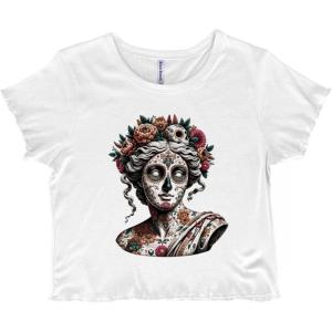Venus de Milo Candy Skull Sculpture Juniors Lettuce Trim Crop Top Womens Baby Tee(White)