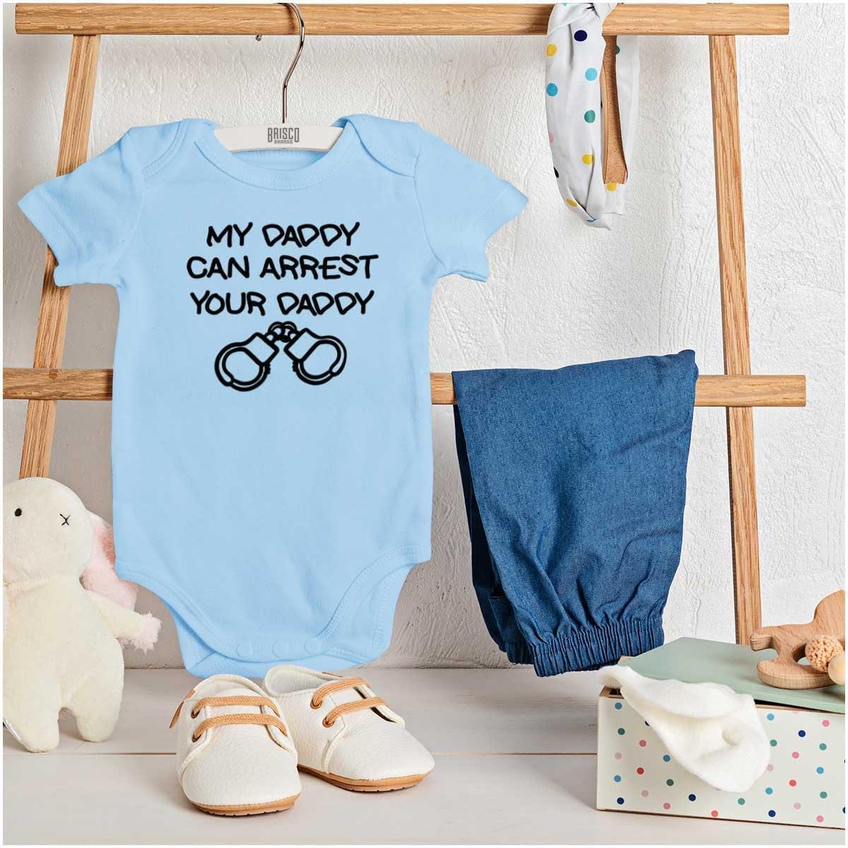 imageBrisco Brands Cop Dad My Daddy Can Arrest Yours Baby Romper Boys or GirlsLight Blue