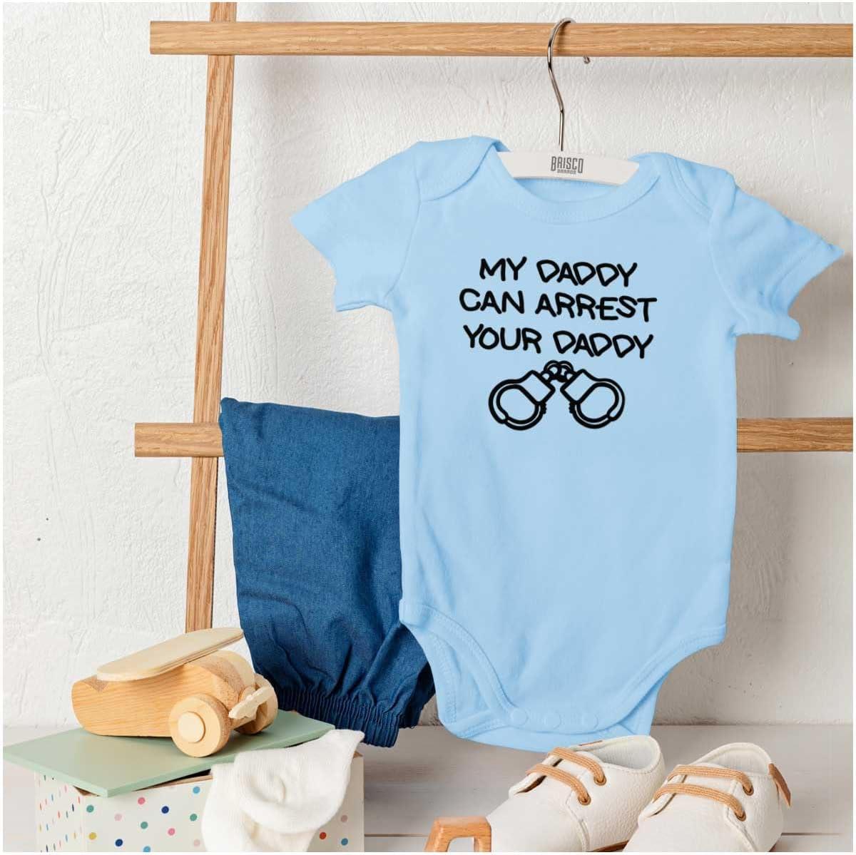 imageBrisco Brands Cop Dad My Daddy Can Arrest Yours Baby Romper Boys or GirlsLight Blue