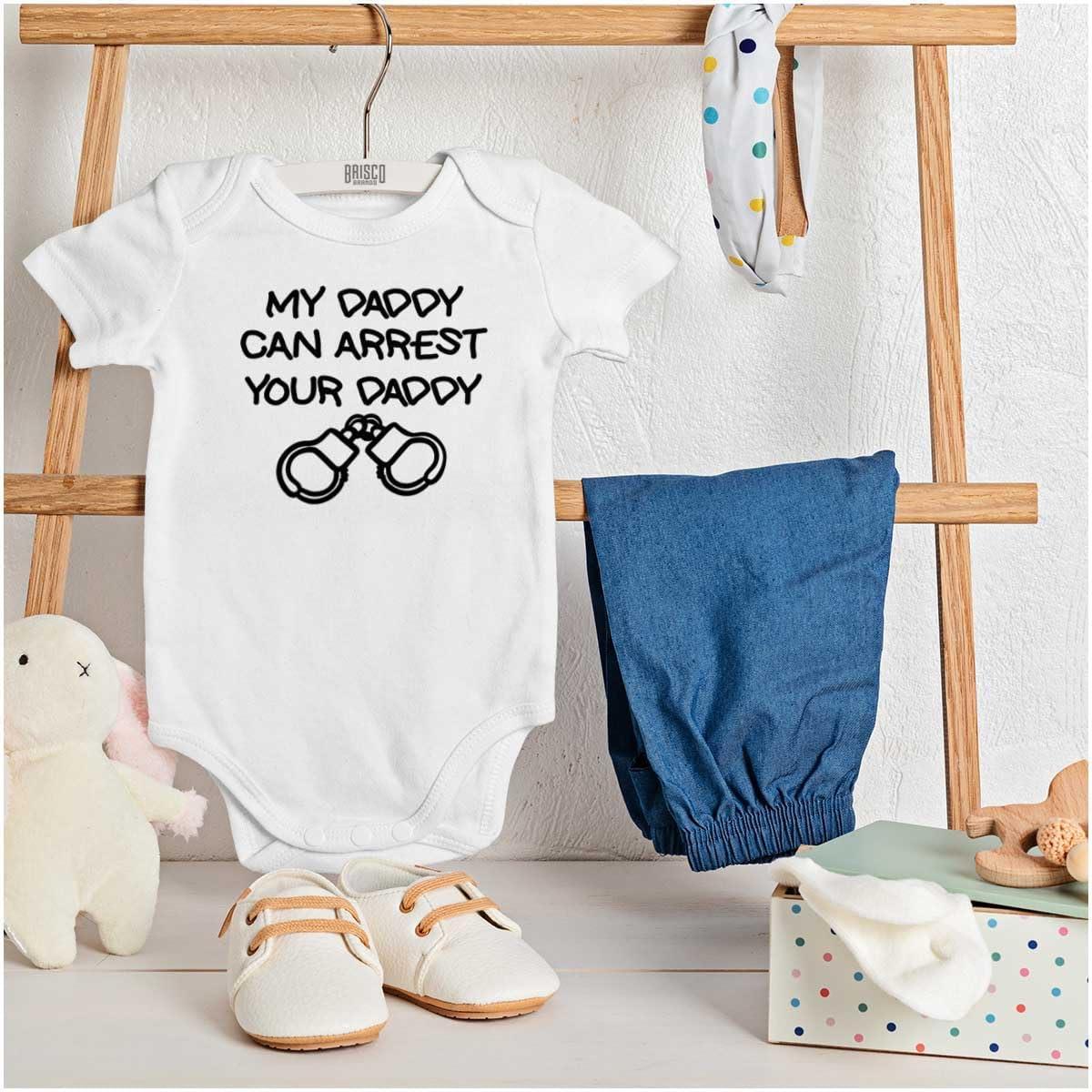 imageBrisco Brands Cop Dad My Daddy Can Arrest Yours Baby Romper Boys or GirlsWhite