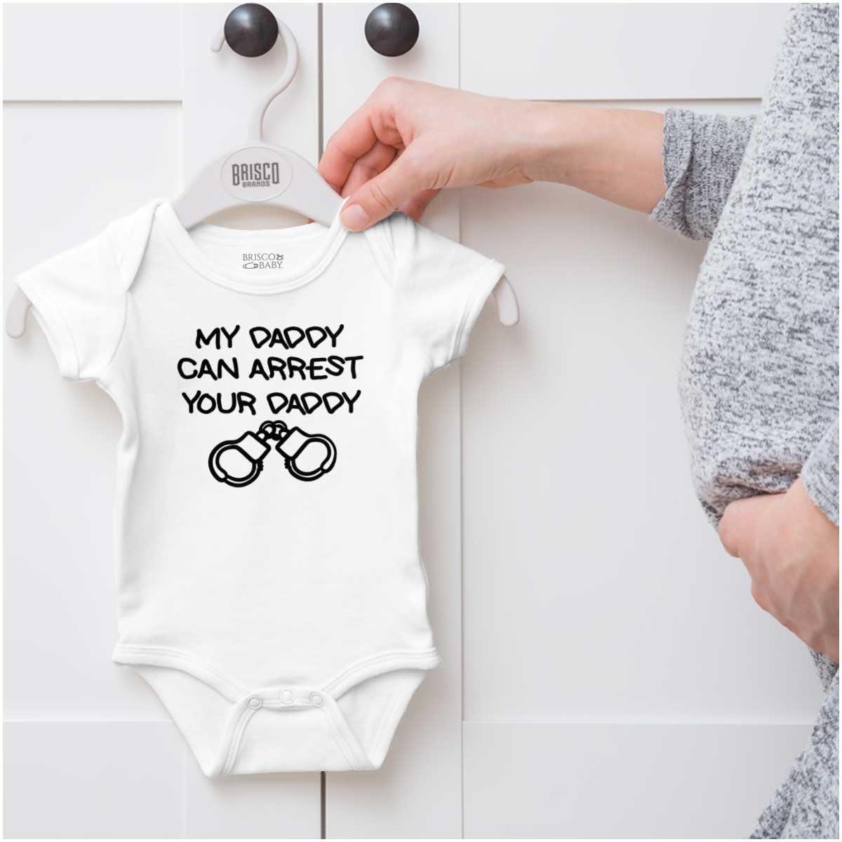 imageBrisco Brands Cop Dad My Daddy Can Arrest Yours Baby Romper Boys or GirlsWhite