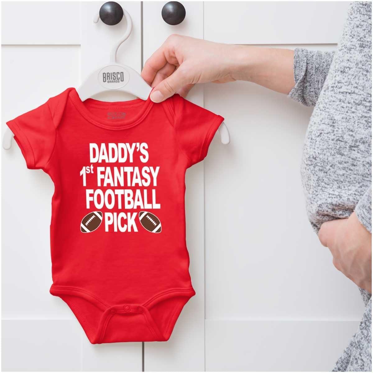 imageBrisco Brands Daddys Fantasy Football Pick Sports Baby Romper Boys or GirlsRed