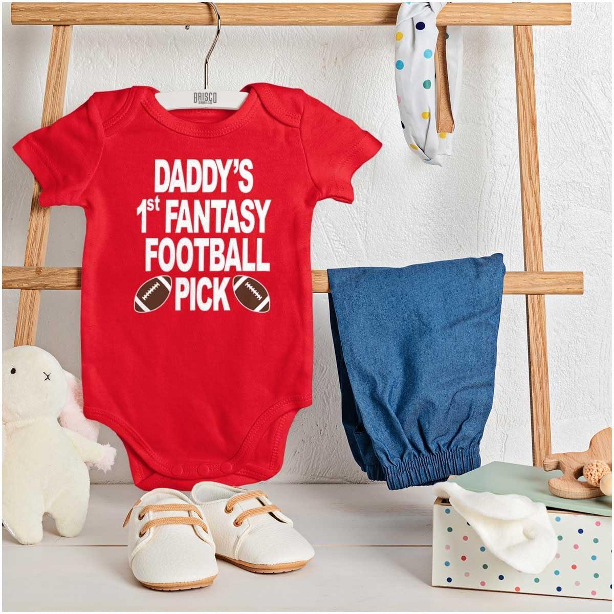 imageBrisco Brands Daddys Fantasy Football Pick Sports Baby Romper Boys or GirlsRed