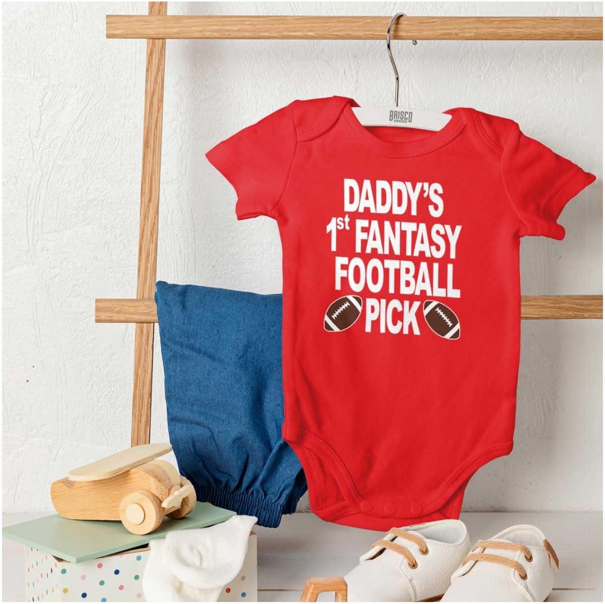 imageBrisco Brands Daddys Fantasy Football Pick Sports Baby Romper Boys or GirlsRed
