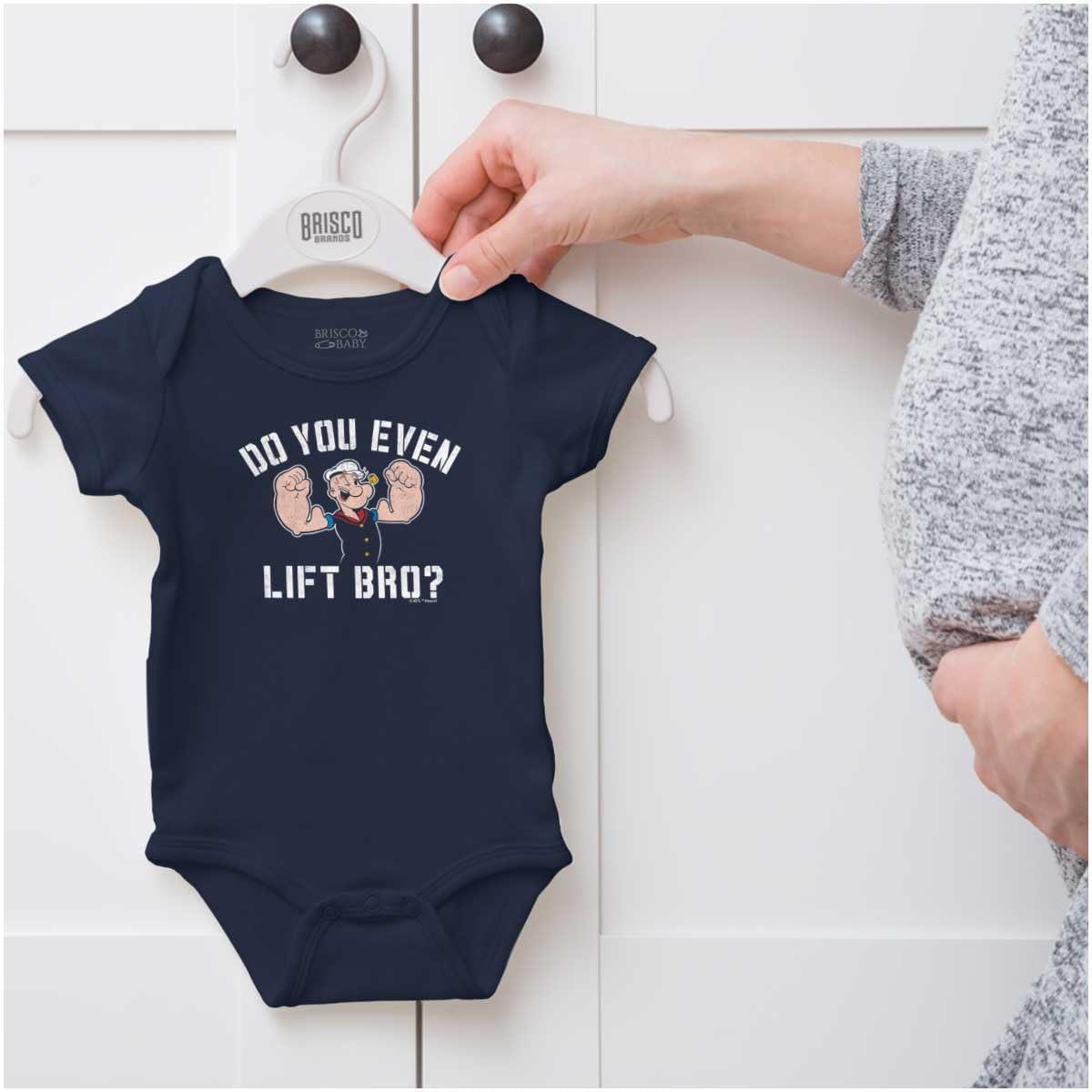imageBrisco Brands Do You Even Lift Bro Popeye Sailor Baby Romper Boys or GirlsNavy
