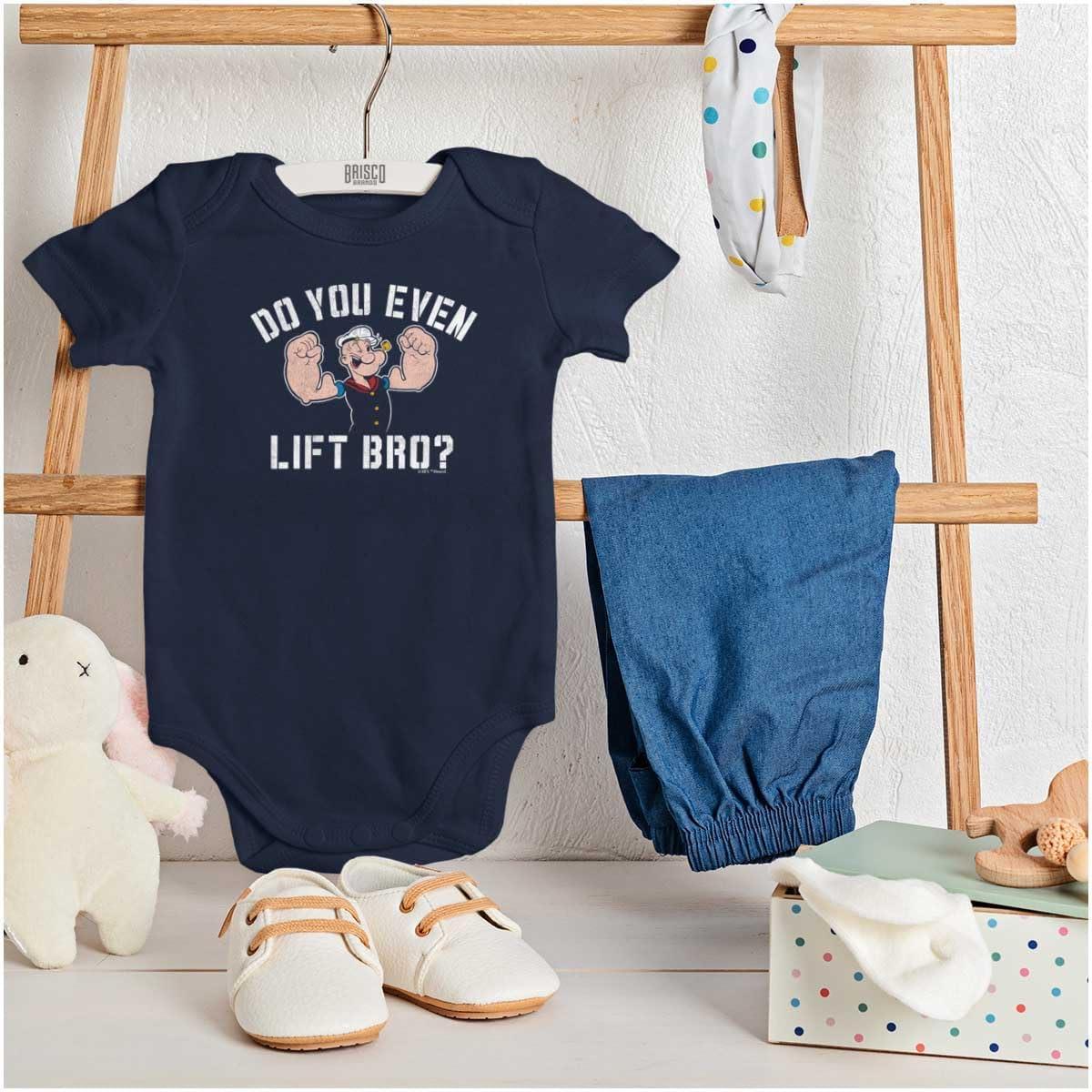 imageBrisco Brands Do You Even Lift Bro Popeye Sailor Baby Romper Boys or GirlsNavy