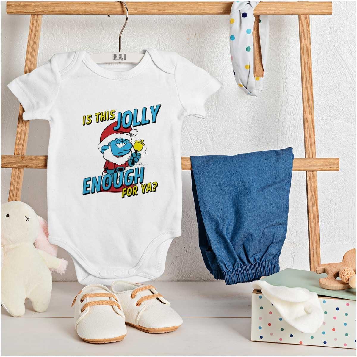 imageBrisco Brands Grumpy Smurf Jolly Enough Xmas Santa Baby Romper Boys or GirlsWhite