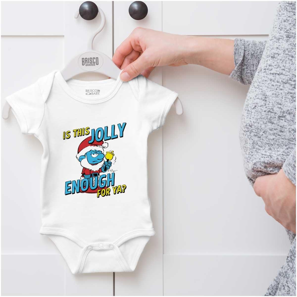 imageBrisco Brands Grumpy Smurf Jolly Enough Xmas Santa Baby Romper Boys or GirlsWhite
