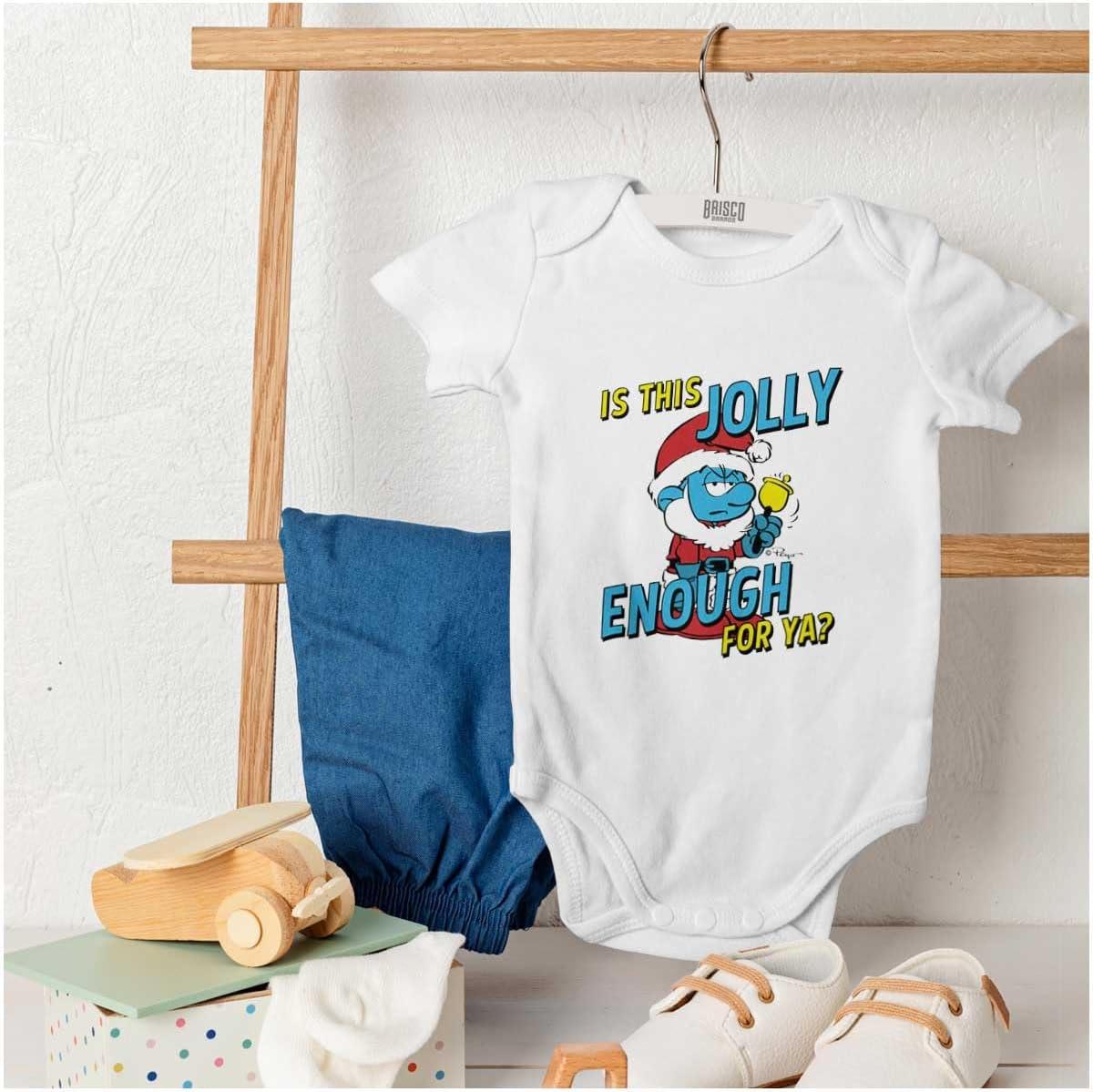 imageBrisco Brands Grumpy Smurf Jolly Enough Xmas Santa Baby Romper Boys or GirlsWhite