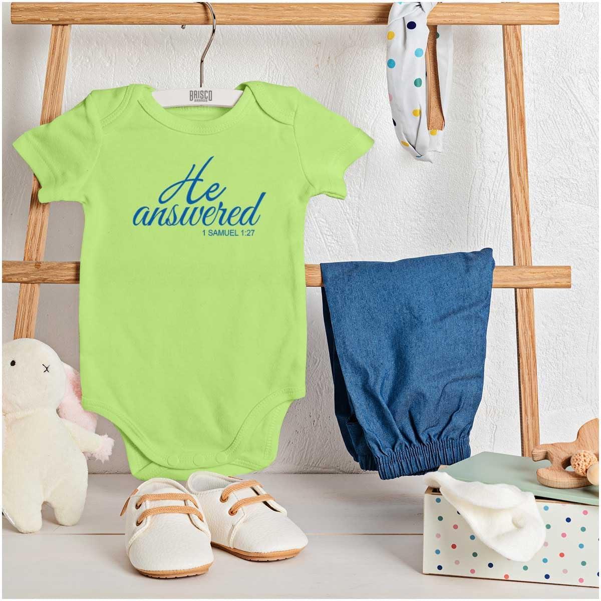 imageBrisco Brands He Answered Samuel 117 Christian Baby Bodysuit Jumper GirlsKey Lime